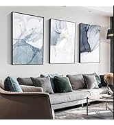 Wall Art Triptych Set Fluid Ink Wash Pattern Muted Blue Grey Canvas