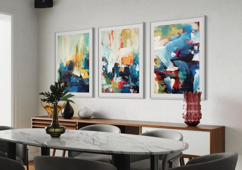 Wall Art Triptych Set Framed Abstract Prints Teal Yellow Mid-Century