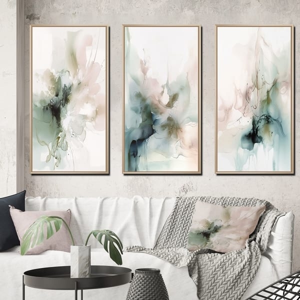 Wall Art Triptych Set Framed Abstract Sage Blush Ink Wash Style