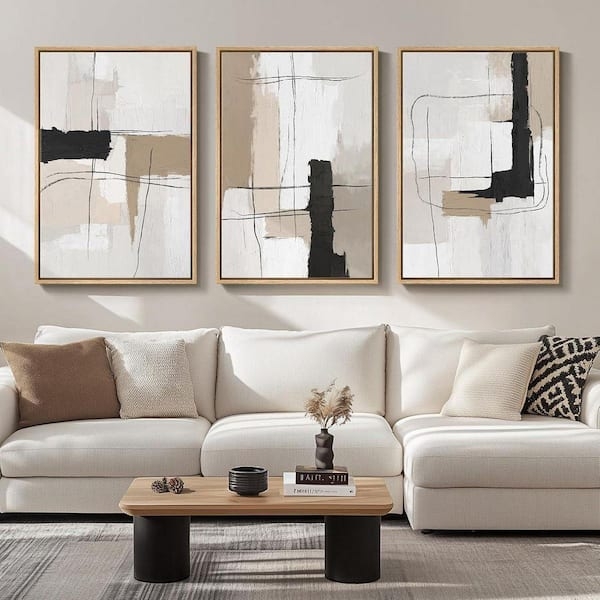 Wall Art Triptych Set Framed Canvas Abstract Design Japandi Style Beige