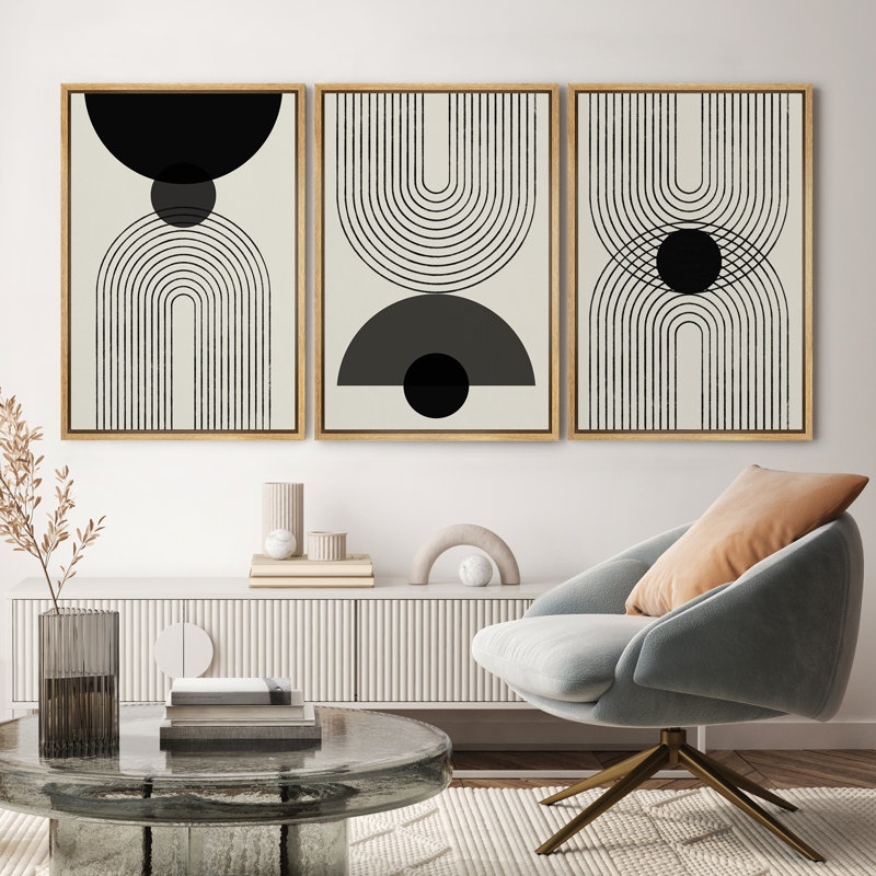 Wall Art Triptych Set Geometric Minimalism Framed Mid Century Modern