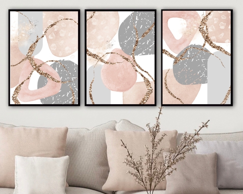 Wall Art Triptych Set Gold Glitter Accents, Modern Art Above Sofa Styling