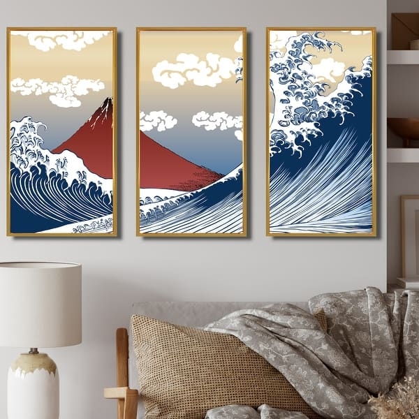 Wall Art Triptych Set Japanese Wave Design with Slim Gold Frames