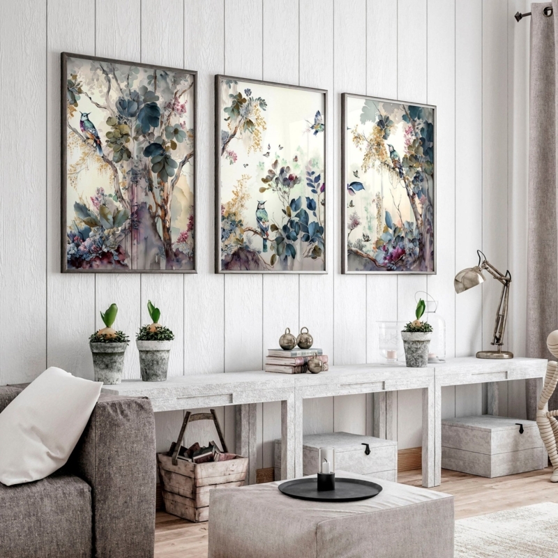 Wall Art Triptych Set, Modern Chinoiserie Watercolor Prints