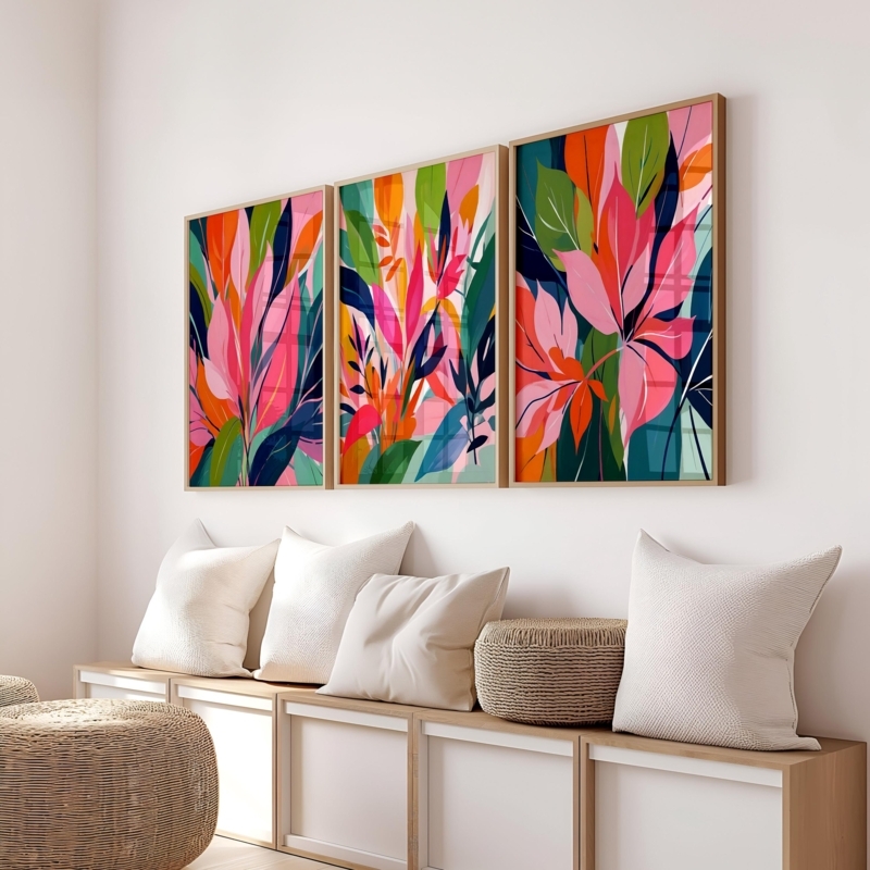 Wall Art Triptych Set Saturated Tropical Colors Pink Orange Navy Prints