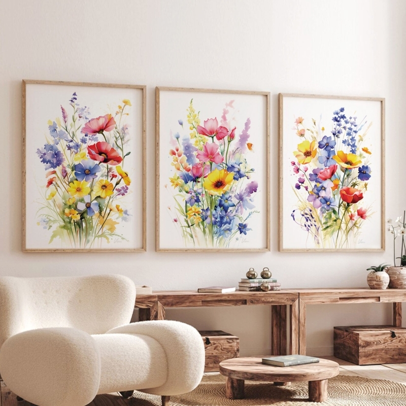Wall Art Triptych Set Watercolor Wildflowers Wood Frames Modern