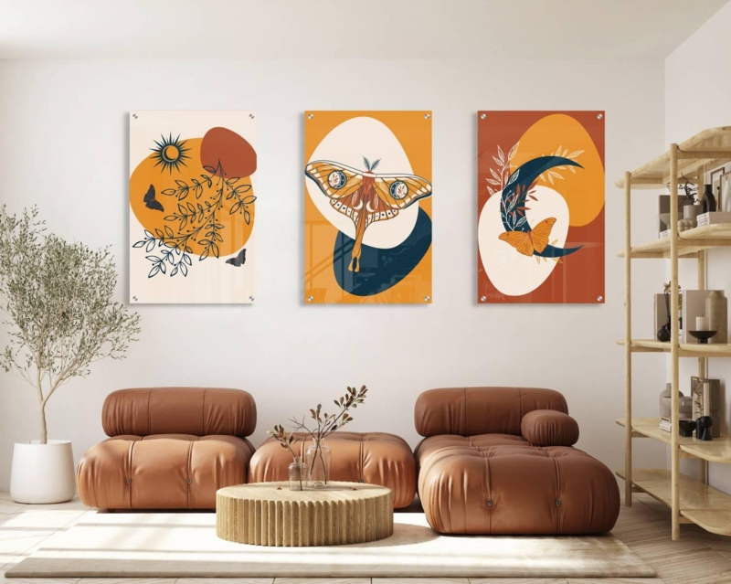 Wall Art Triptych Set with Boho Botanical and Celestial Motifs.