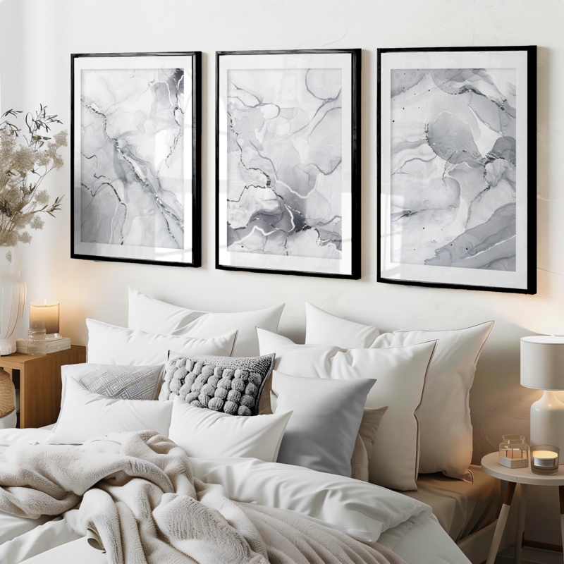 Wall Art Triptych Set with Thin Black Frames and Marble Effect