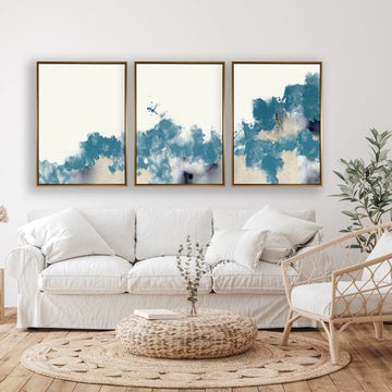 Wall Art Triptych Teal Ink Wash Coastal Living Room Decor