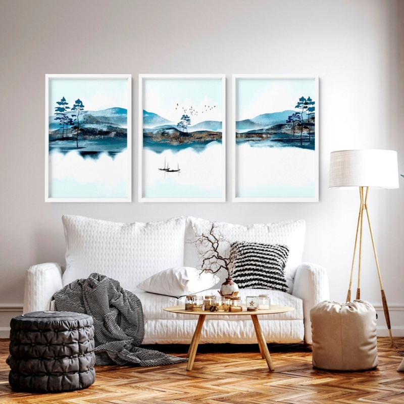 Wall Art Triptych, Teal Landscape Prints in White Frames