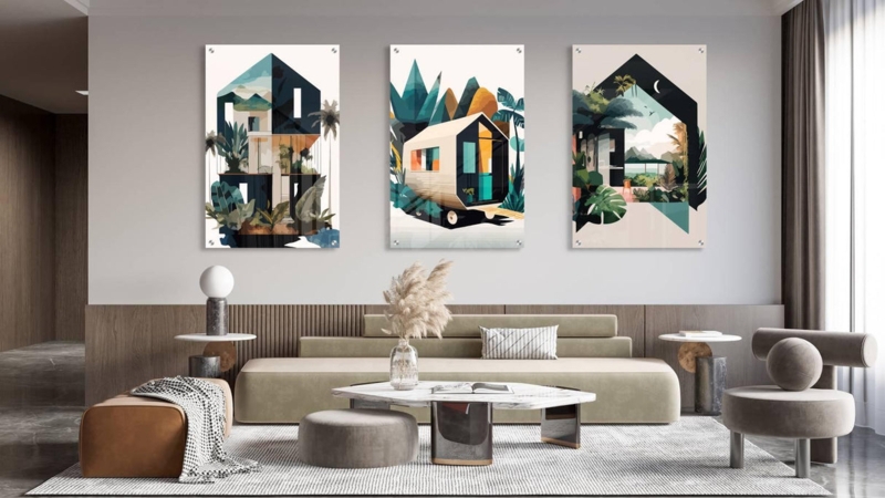 Wall Art Triptych Tropical Architectural Theme Teal Modern Tropical