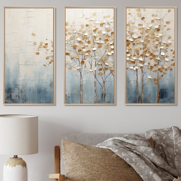 Wall Art Triptych with Gold Leaf Accents and Impasto Tree Motif