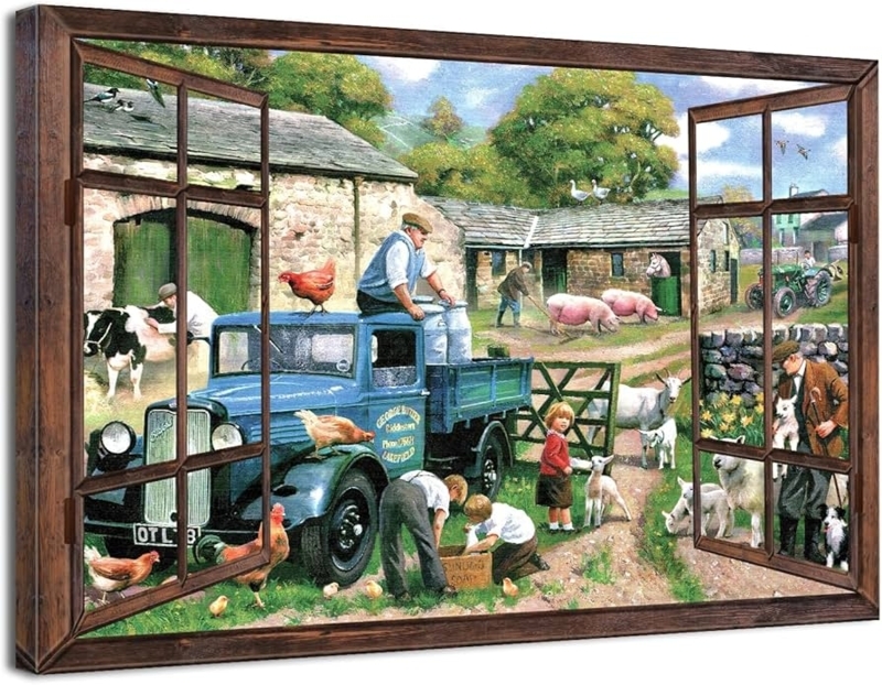 Wall Art Trompe L'oeil Window Frame Art Faux Window View Farm Scene