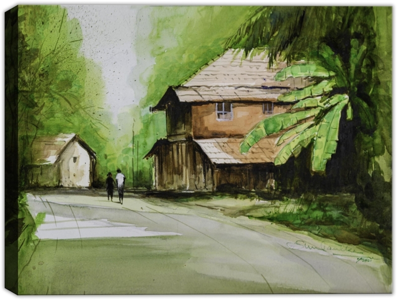 Wall Art Tropical Rural Scene Watercolor Texture Stretched Canvas