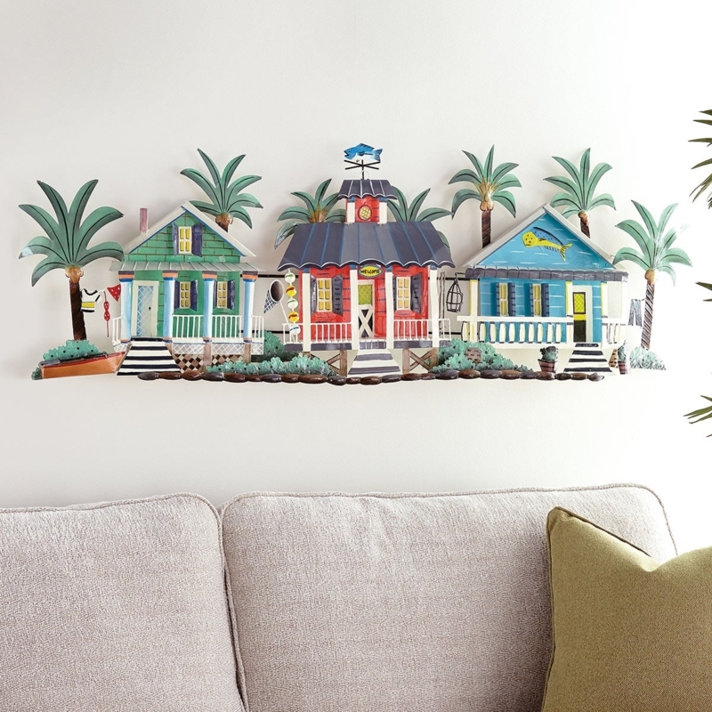 Wall Art Tropical Village Scene 3D Relief Painted Metal Coastal Decor
