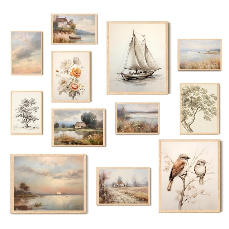 Wall Art: Twelve Piece French Country Gallery Wall Set, Thin Frames