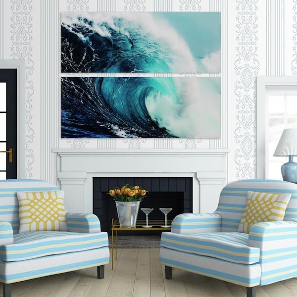 Wall Art Two Panel Wave Print Tempered Glass Frameless Coastal