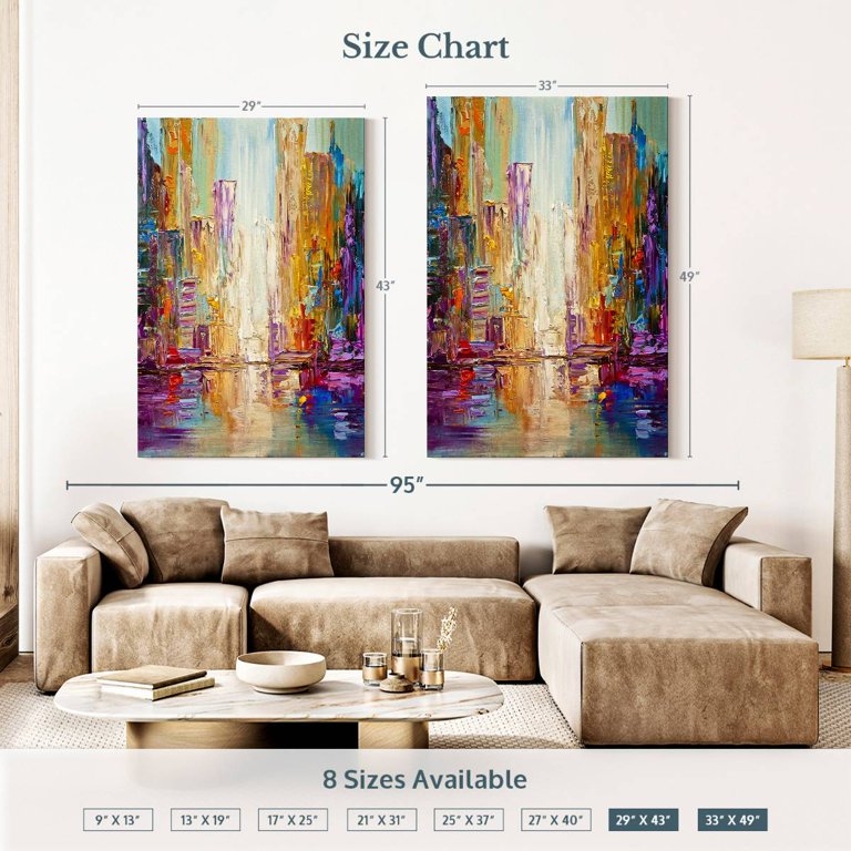Wall Art: Two Vertical Abstract Cityscape Canvases, Vibrant Warm Tones