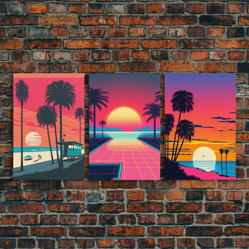 Wall Art Vaporwave Aesthetic Triptych Layout Neon Sunset Palm Trees Retro