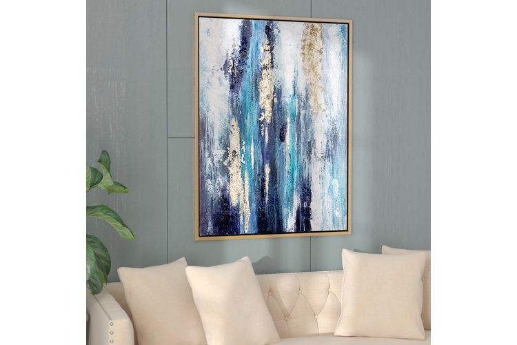Wall Art Vertical Blue Brushstrokes with Gold Metallic Accents