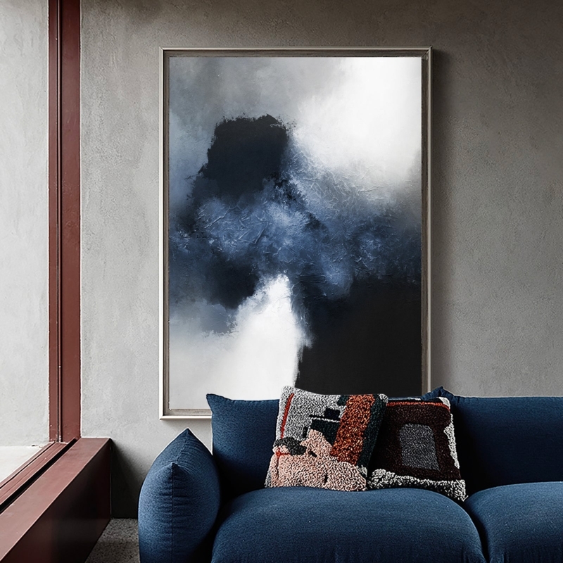 Wall Art Vertical Canvas Painting, Oversized Navy Abstract Wall Art