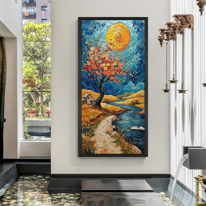 Wall Art: Vertical Impasto Landscape Canvas above Modern Indoor Pond