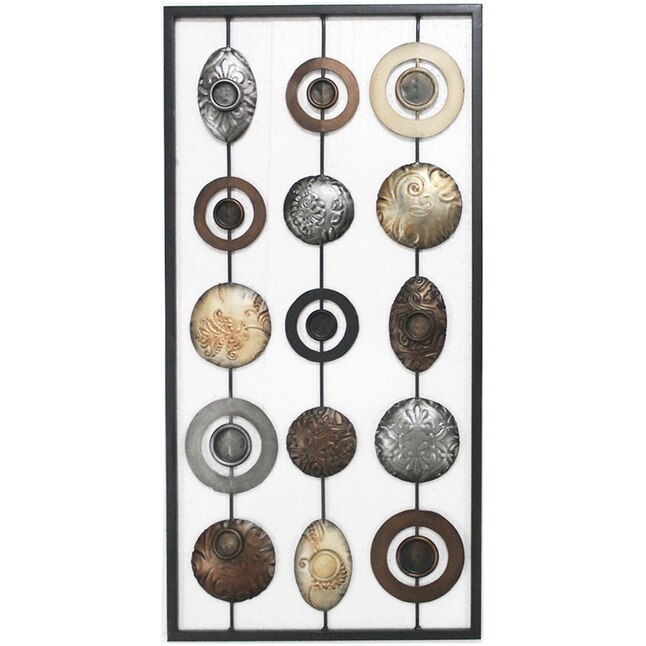 Wall Art Vertical Rods Mixed Metallic Discs Embossed Floral Pattern