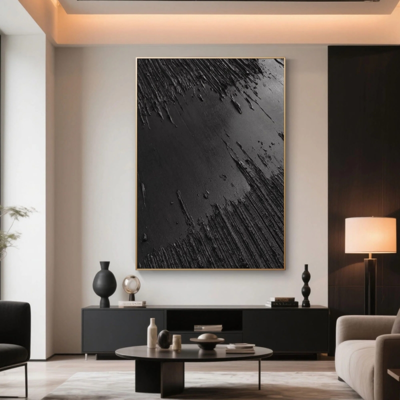 Wall Art: Vertical Textured Impasto Painting with Thin Gold-Toned Frame