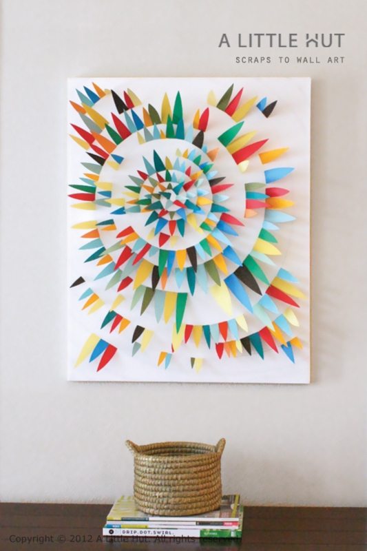 Wall Art: Vibrant 3D Paper Scraps in Dynamic Spiral Pattern