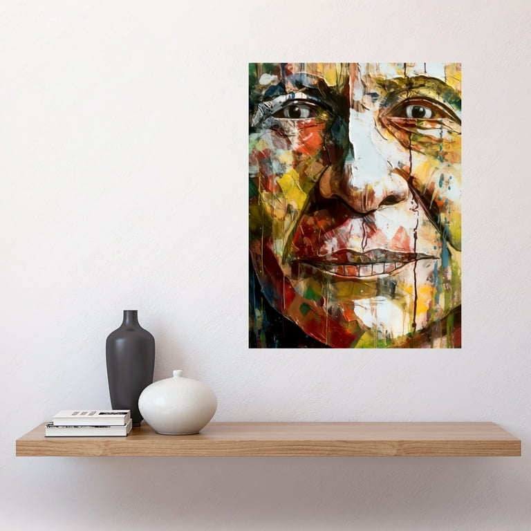 Wall Art: Vibrant Abstract Face Print Styled on Minimalist Floating Shelf
