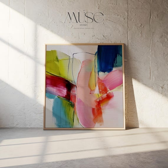 Wall Art: Vibrant Color Pop Square Framed Painting Expressive Brushwork.