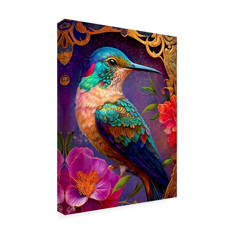 Wall Art: Vibrant Hummingbird Canvas, Maximalist with Ornate Scrollwork