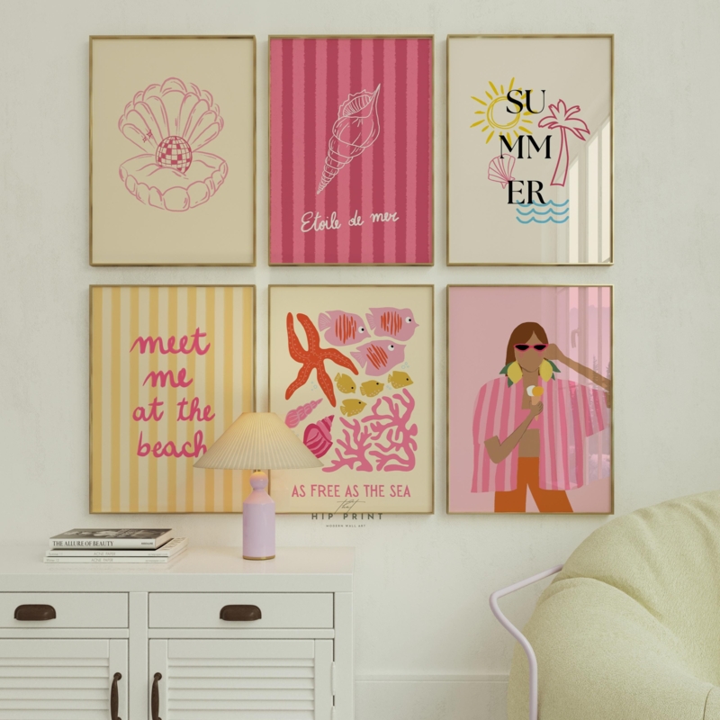Wall Art Vibrant Pastel Palette Thin Gold Frames Preppy