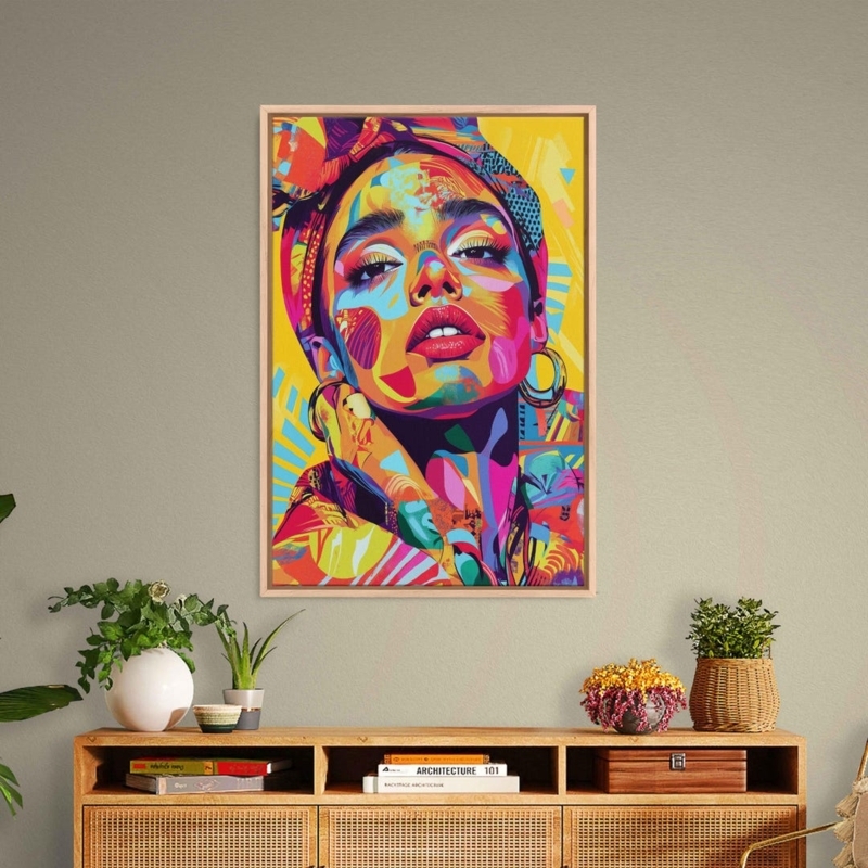 Wall Art: Vibrant Pop Art Portrait, Styled on Rattan Sideboard