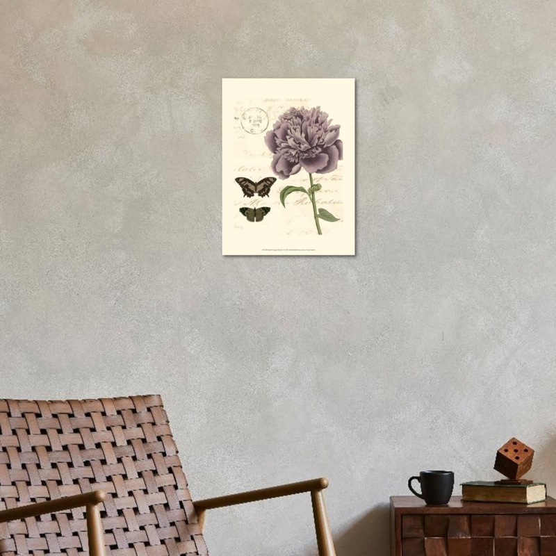 Wall Art: Vintage Botanical Peony Print with Butterfly Motifs, Rustic