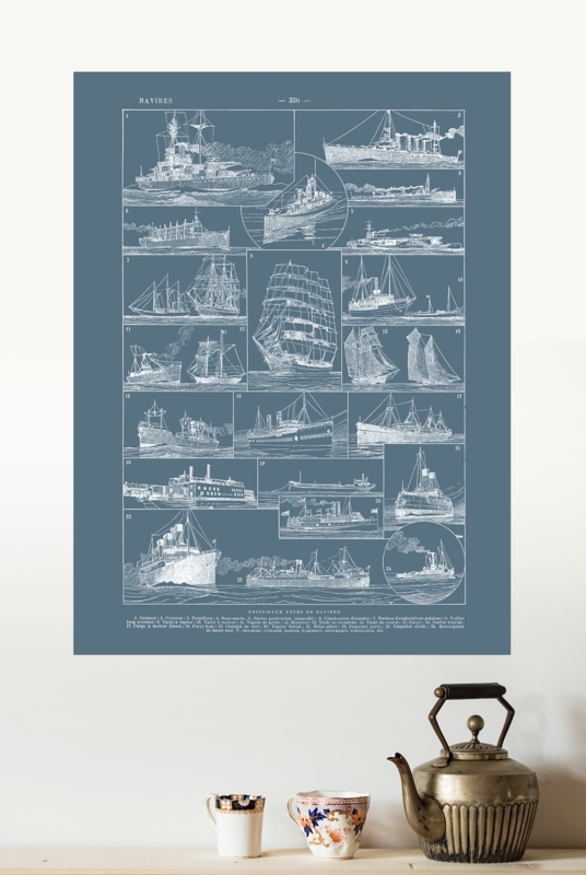 Wall Art Vintage Nautical Ship Poster Navy Background Technical drawing