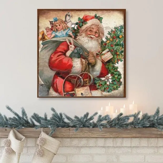 Wall Art, Vintage Santa Illustration, Weathered Texture, Vintage Santa