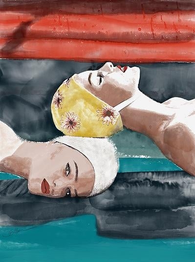 Wall Art Vintage Swim Caps Vibrant Watercolor Washes Retro Figurative