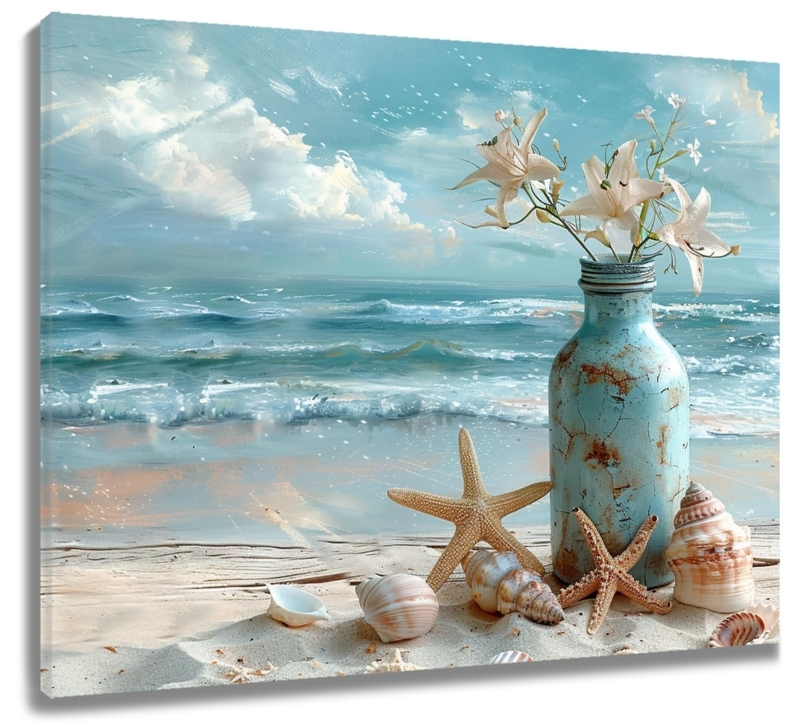 Wall Art Vintage Vase Floral Beach Distressed Teal Starfish Decor
