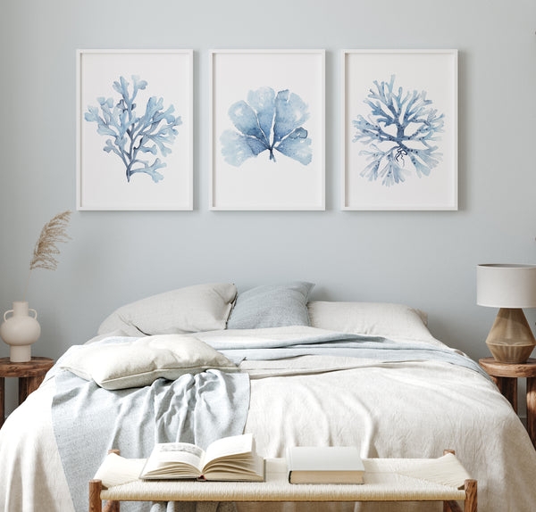 Wall Art Watercolor Coral Triptych Layout Framed Set of 3 Coastal