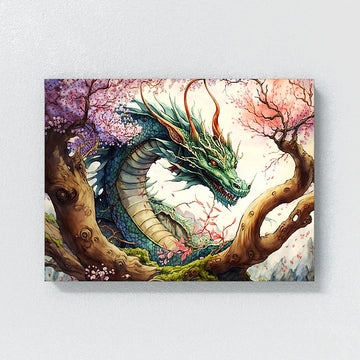 Wall Art Watercolor Dragon Art Cherry Blossom Motif Teal And Gold