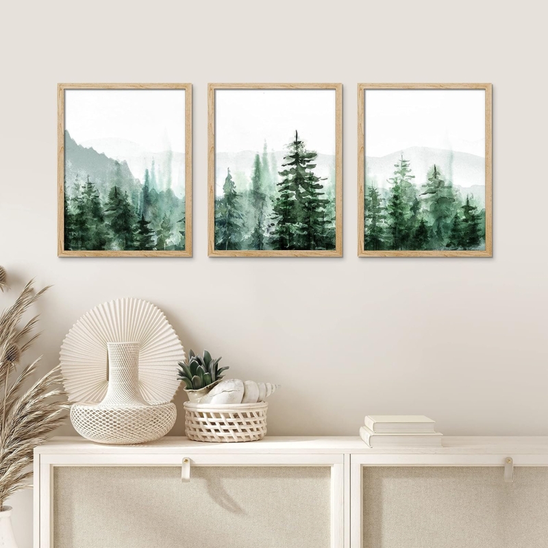 Wall Art Watercolor Forest Theme Light Wood Frames Three Piece Set