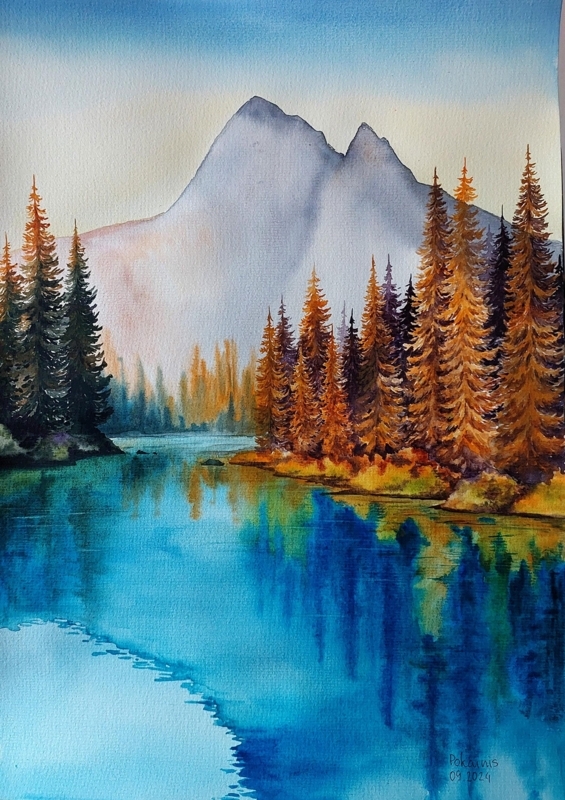 Wall Art Watercolor Mountain Landscape Autumnal Palette Paper Texture