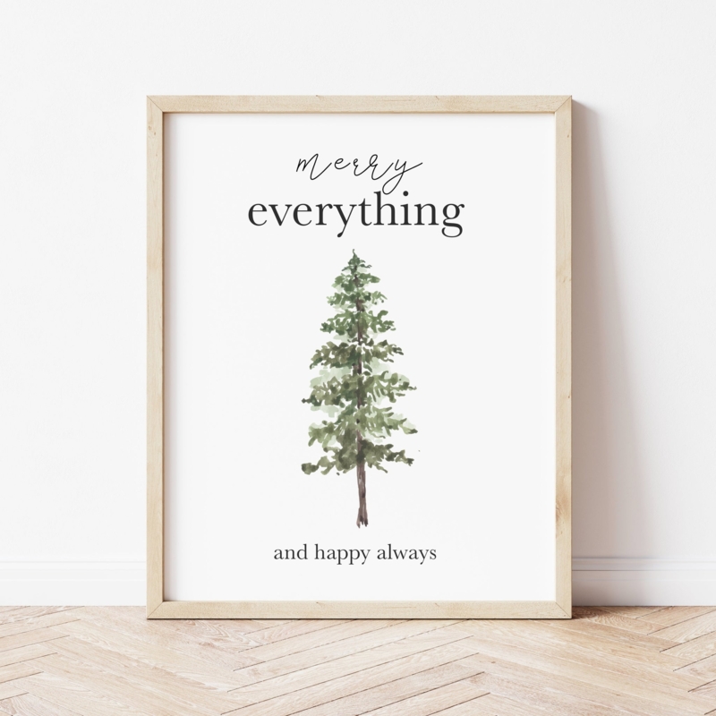 Wall Art Watercolor Pine Tree Minimalist Christmas Decor Blonde Frame
