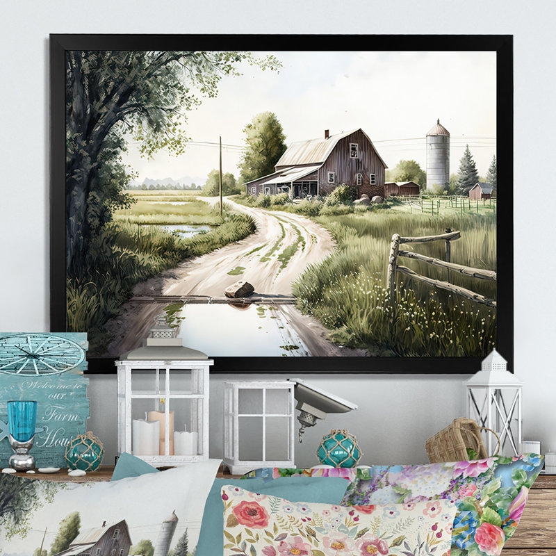 Wall Art Watercolor Rustic Farmhouse Country Landscape Red Barn Print