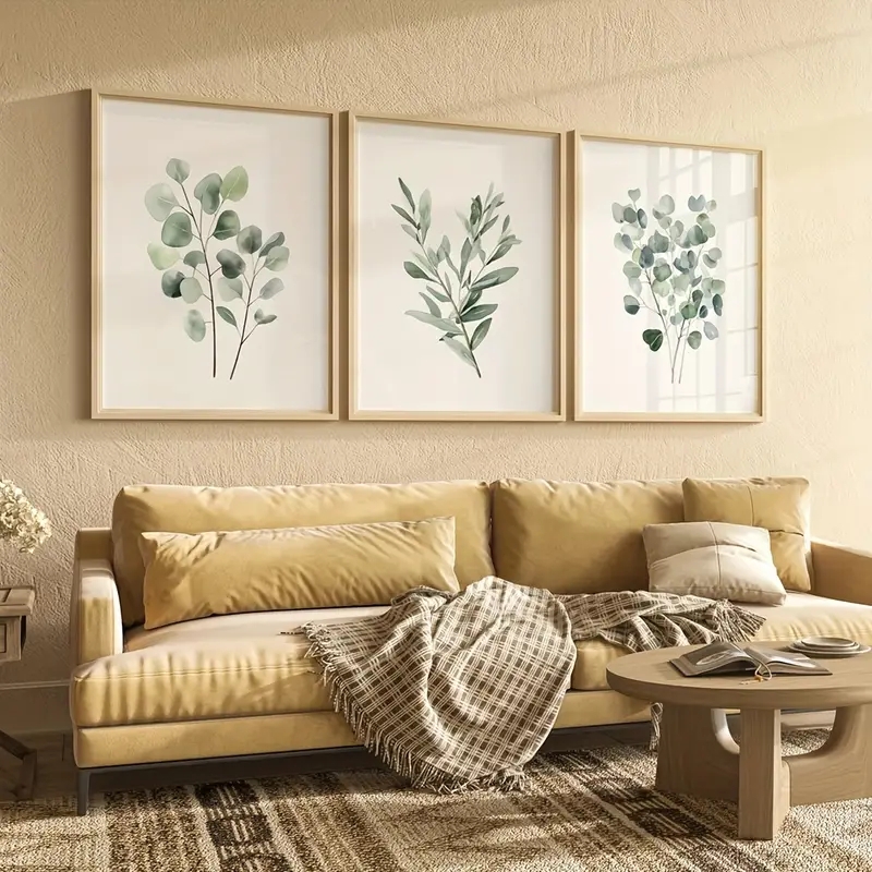 Wall Art Watercolor Style Botanical Theme Wood Frames Triptych