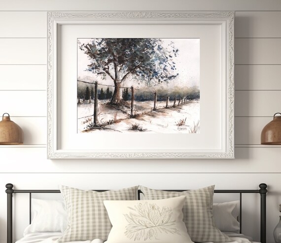 Wall Art Watercolor Tree Landscape Oak Tree Motif Framed Coastal Style