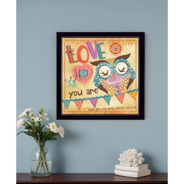 Wall Art: Whimsical Patchwork Owl Motif Inspirational Black Square Frame