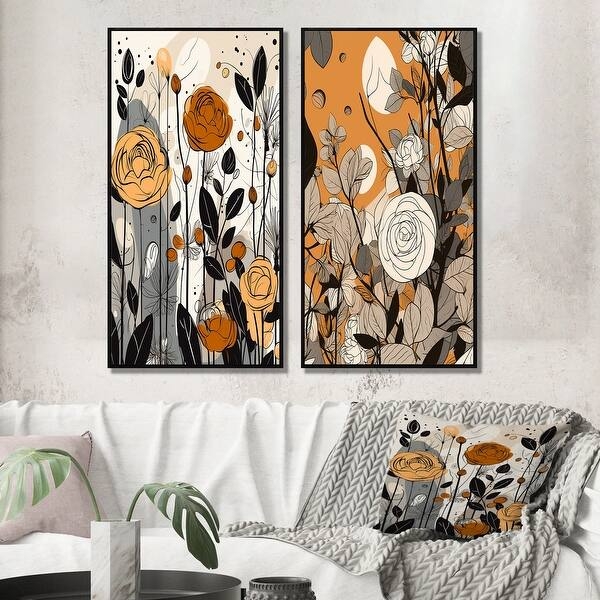 Wall Art Wildflower Illustration Set Retro Modern Black Frames