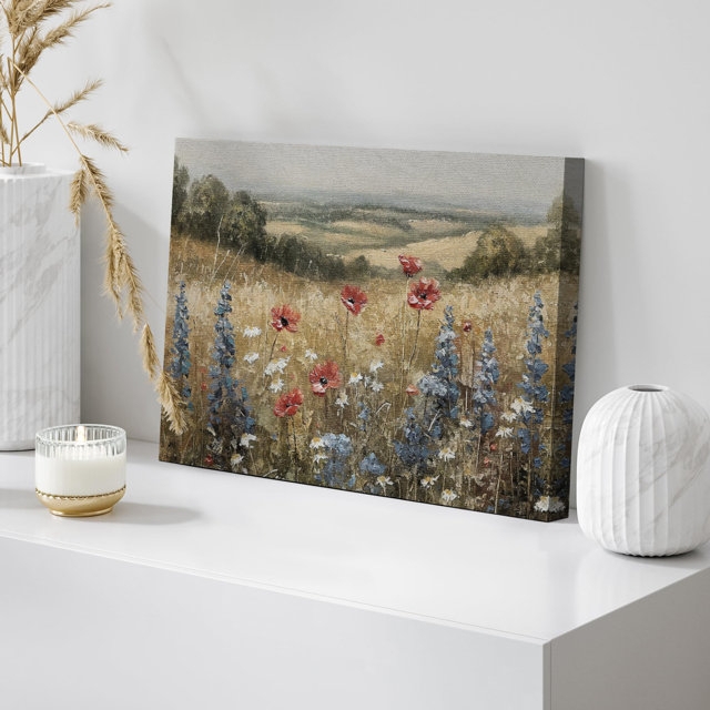 Wall Art Wildflower Meadow Scene Canvas Poppy Accents Cottagecore Decor.
